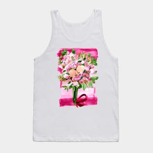 Pink flowers bouquet with red ribbon on pink background Tank Top